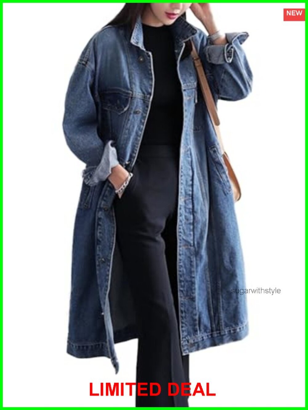Womens Plus Size Long Denim Jacket Button Down Trench Coat Knee Length